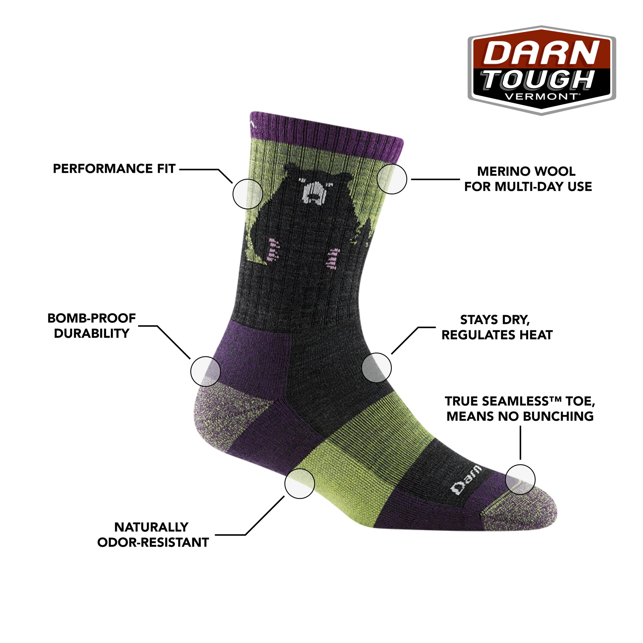 Women's Bear Town Micro Crew Lightweight Hiking Socks